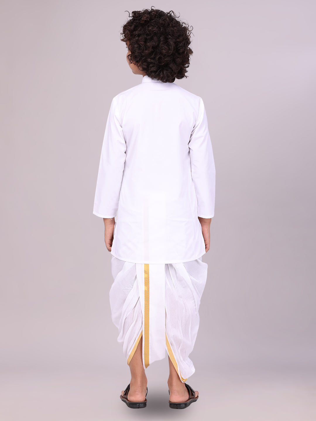 Boys Cotton White Kurta Readymade Panchakacham Towel Combo with Gold Jari Border Sarman