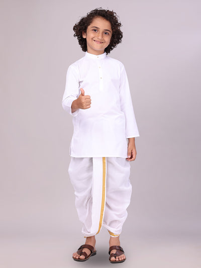 Boys Cotton White Kurta Readymade Panchakacham Towel Combo with Gold Jari Border Sarman front pose