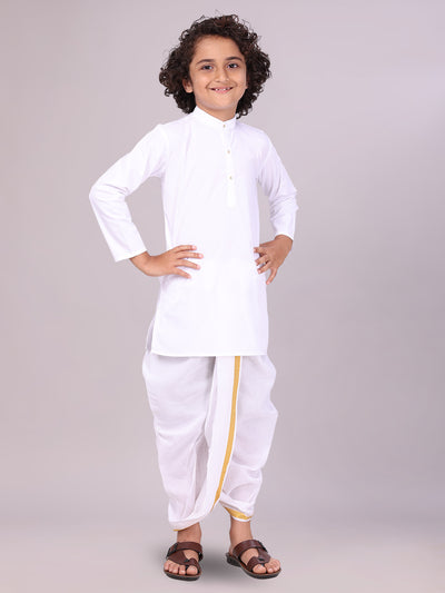 Boys Cotton White Kurta Readymade Panchakacham Towel Combo with Gold Jari Border Sarman side pose