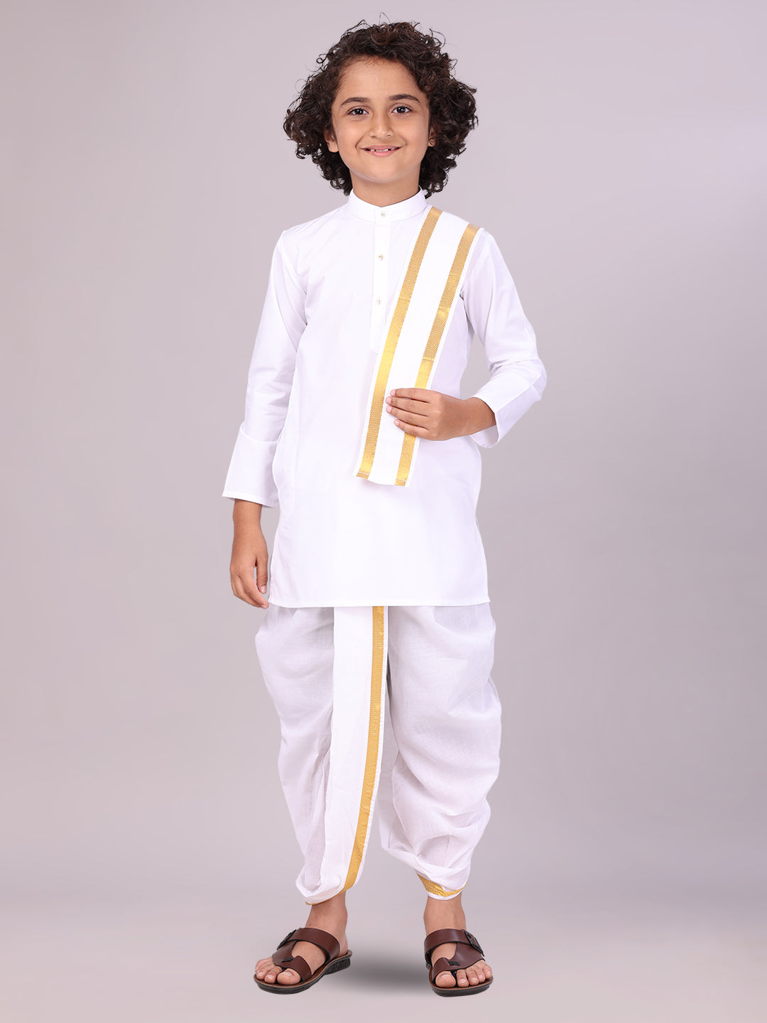 Boys Cotton White Kurta Readymade Panchakacham Towel Combo with Gold Jari Border Sarman