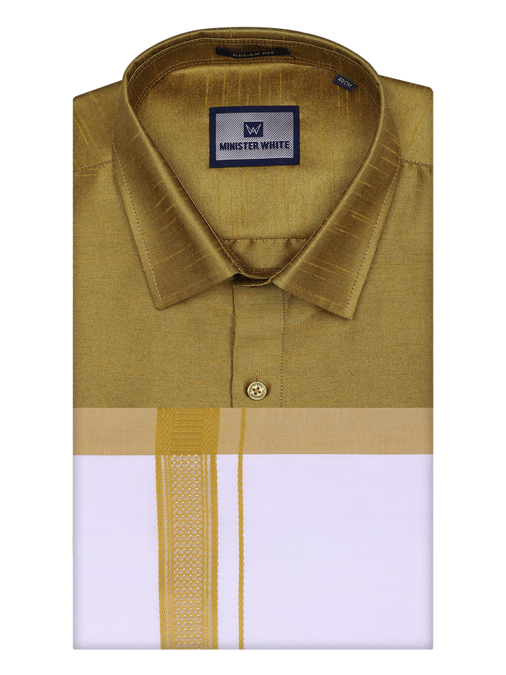 Mens Light Green Dupion Satin Color Shirt with Matching Border Dhoti Combo Gora by Minister White
