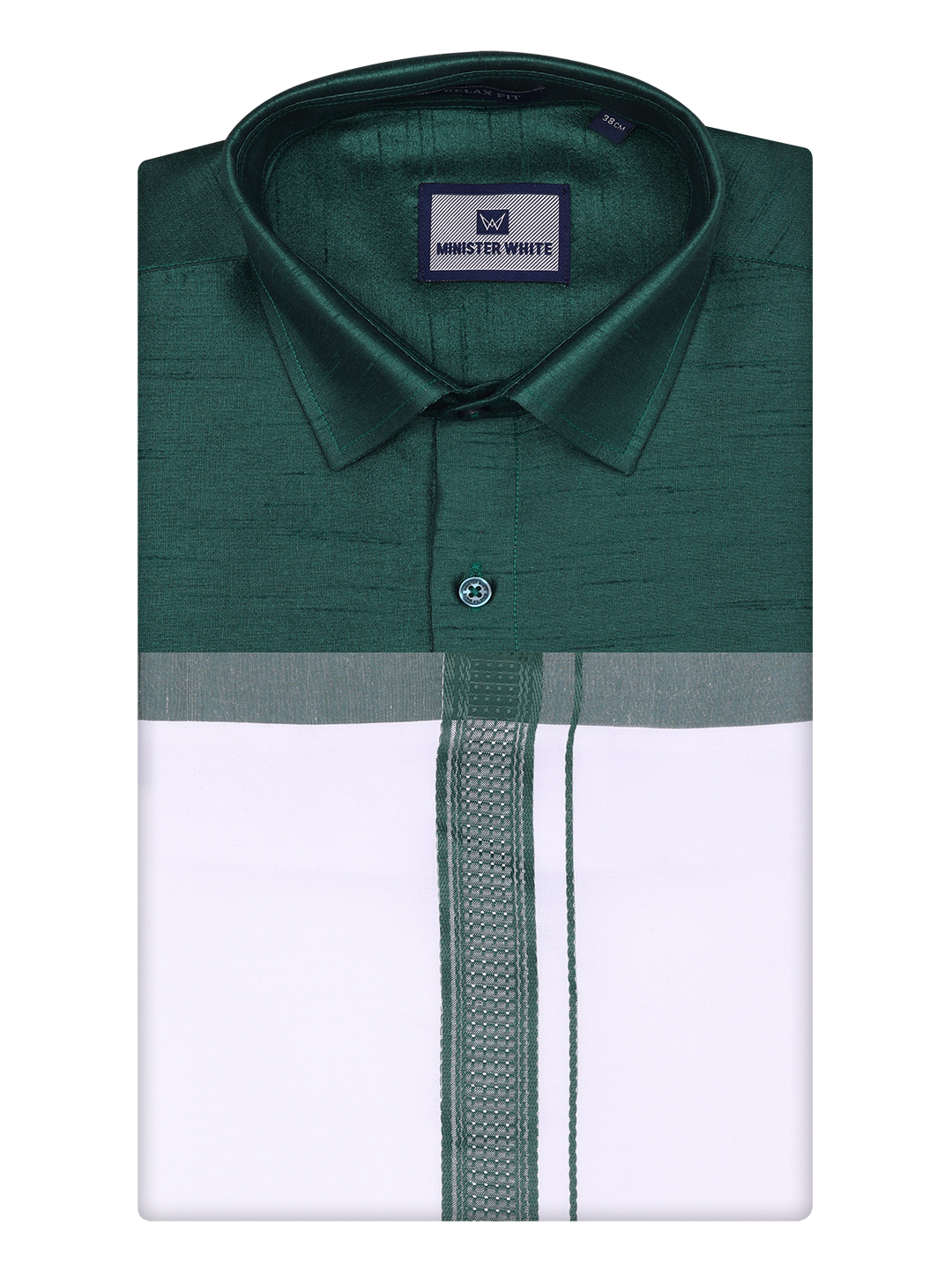 Mens Green Dupion Satin Shirt with Matching Border Dhoti Combo Gora by Minister White