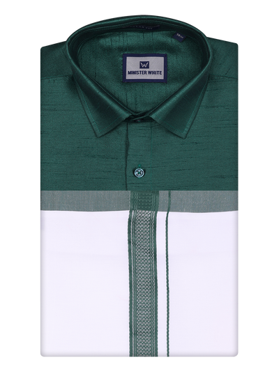 Mens Green Dupion Satin Shirt with Matching Border Dhoti Combo Gora by Minister White