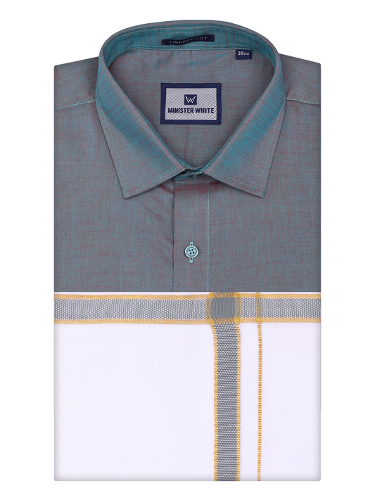 Mens Steel Grey Shirt with Matching Border Dhoti Combo Pinto by Minister White