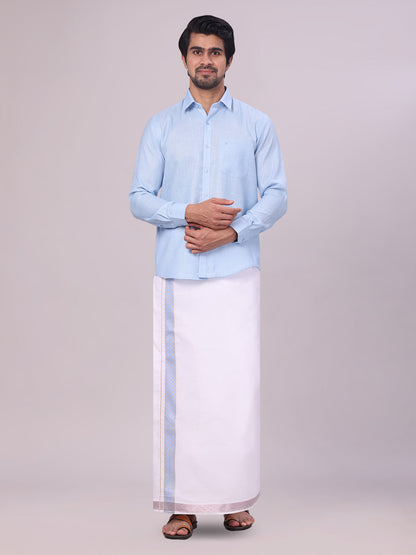 Men's Sky Blue Shirt with Matching jacquard Weave Border Dhoti Combo Marsh