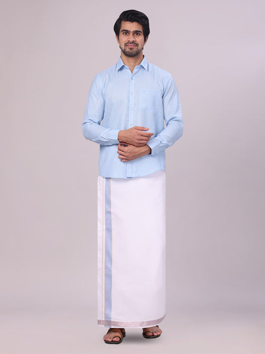 Men's Sky Blue Shirt with Matching jacquard Weave Border Dhoti Combo Marsh