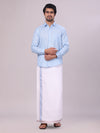 Mens Sky Blue Shirt with Matching jacquard Weave Border Dhoti Combo Marsh