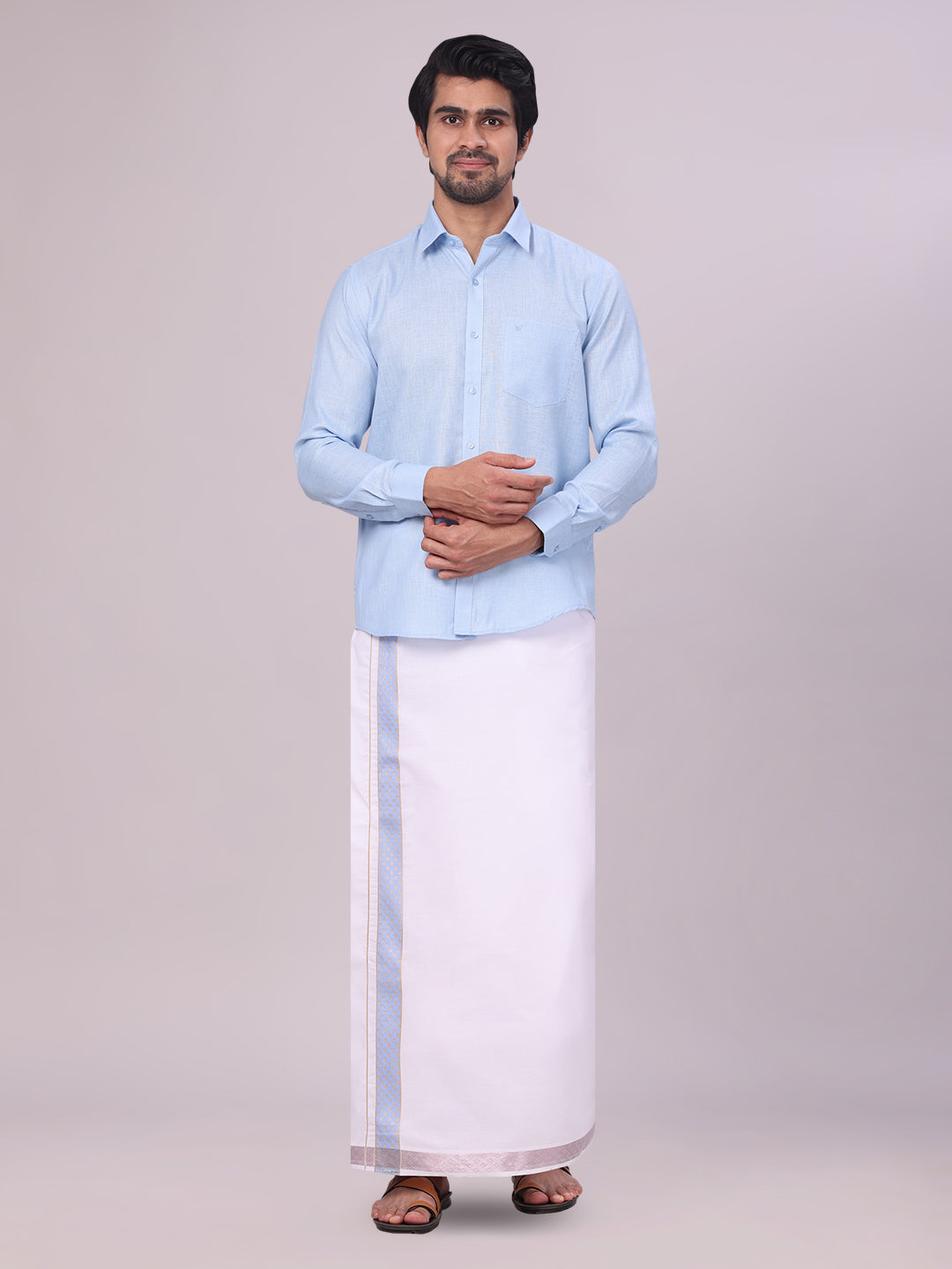 Mens Sky Blue Shirt with Matching jacquard Weave Border Dhoti Combo Marsh