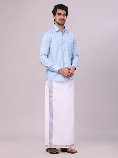 Mens Sky Blue Shirt with Matching jacquard Weave Border Dhoti Combo Marsh