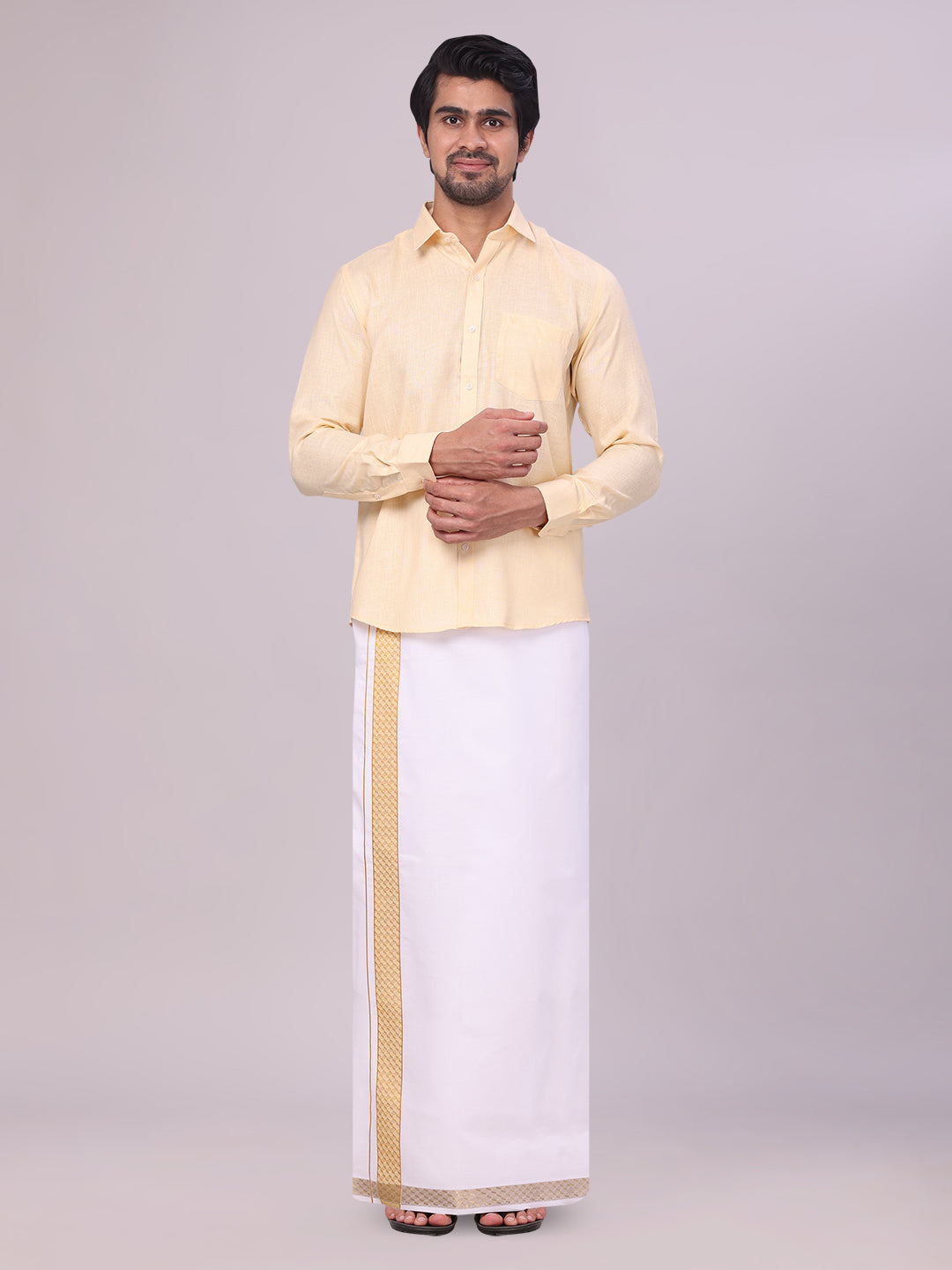 Mens Sandal Shirt with Matching jacquard Weave Border Dhoti Combo Marsh