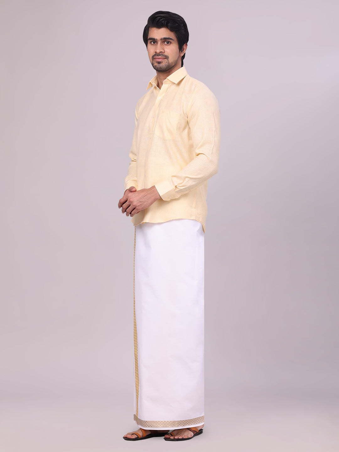 Mens Sandal Shirt with Matching jacquard Weave Border Dhoti Combo Marsh