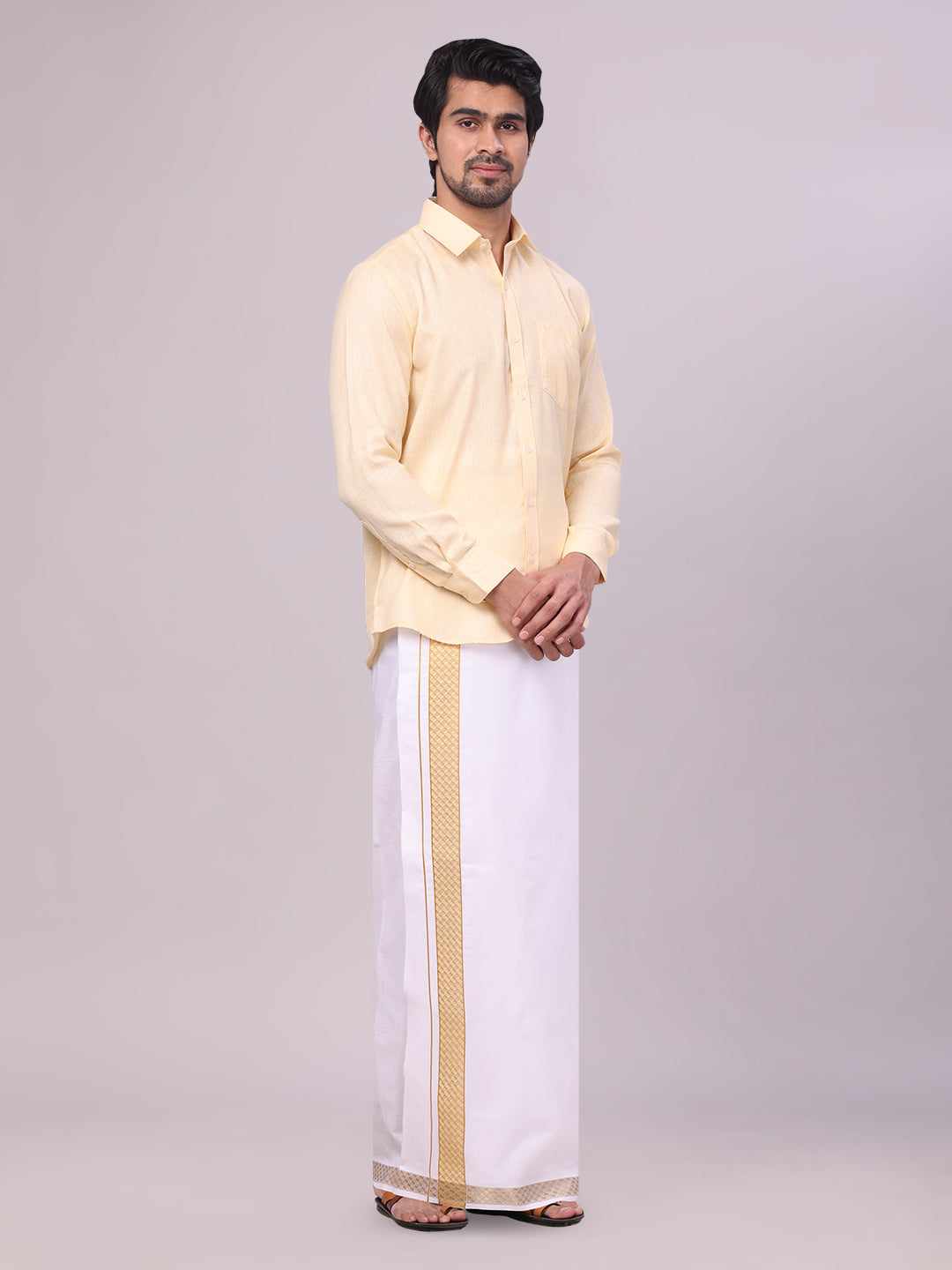 Mens Sandal Shirt with Matching jacquard Weave Border Dhoti Combo Marsh