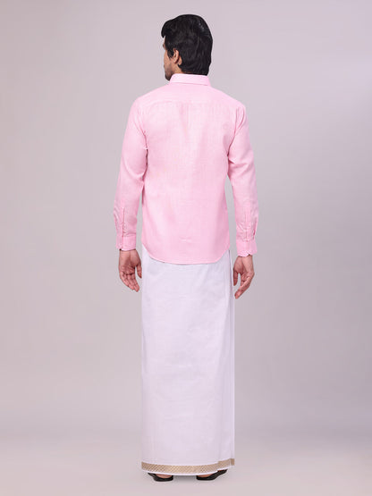 Men's Pink Shirt with Matching jacquard Weave Border Dhoti Combo Marsh back pose