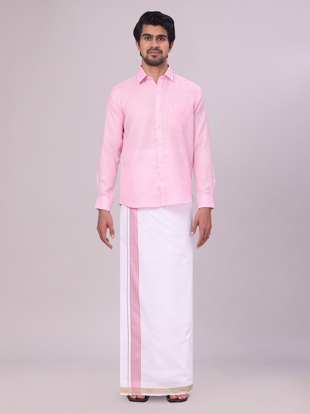 Mens Pink Shirt with Matching jacquard Weave Border Dhoti Combo Marsh