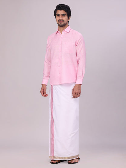 Men's Pink Shirt with Matching jacquard Weave Border Dhoti Combo Marsh side pose
