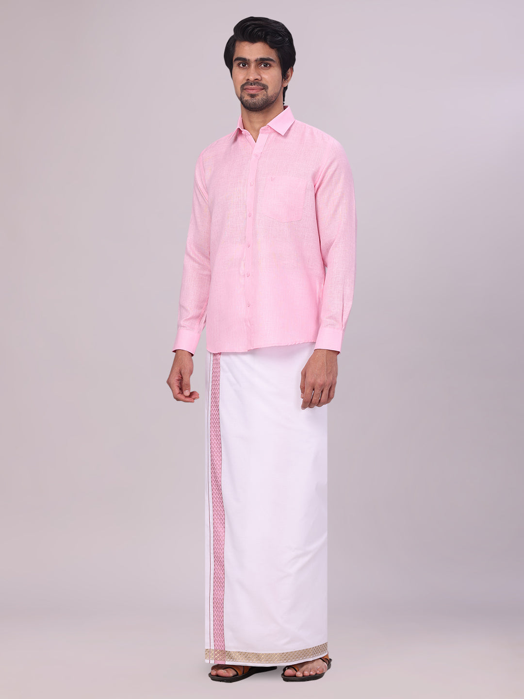 Mens Pink Shirt with Matching jacquard Weave Border Dhoti Combo Marsh