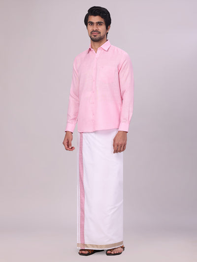 Mens Pink Shirt with Matching jacquard Weave Border Dhoti Combo Marsh