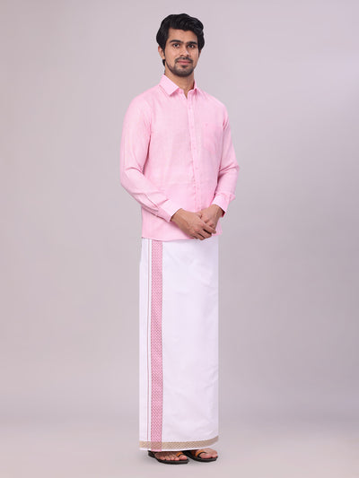 Mens Pink Shirt with Matching jacquard Weave Border Dhoti Combo Marsh