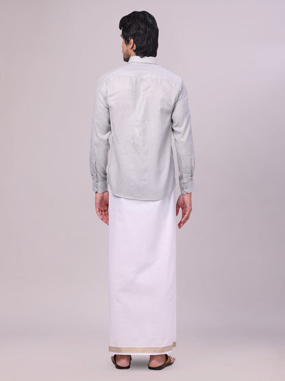 Men's Light Grey Shirt with Matching jacquard Weave Border Dhoti Combo Marsh back pose