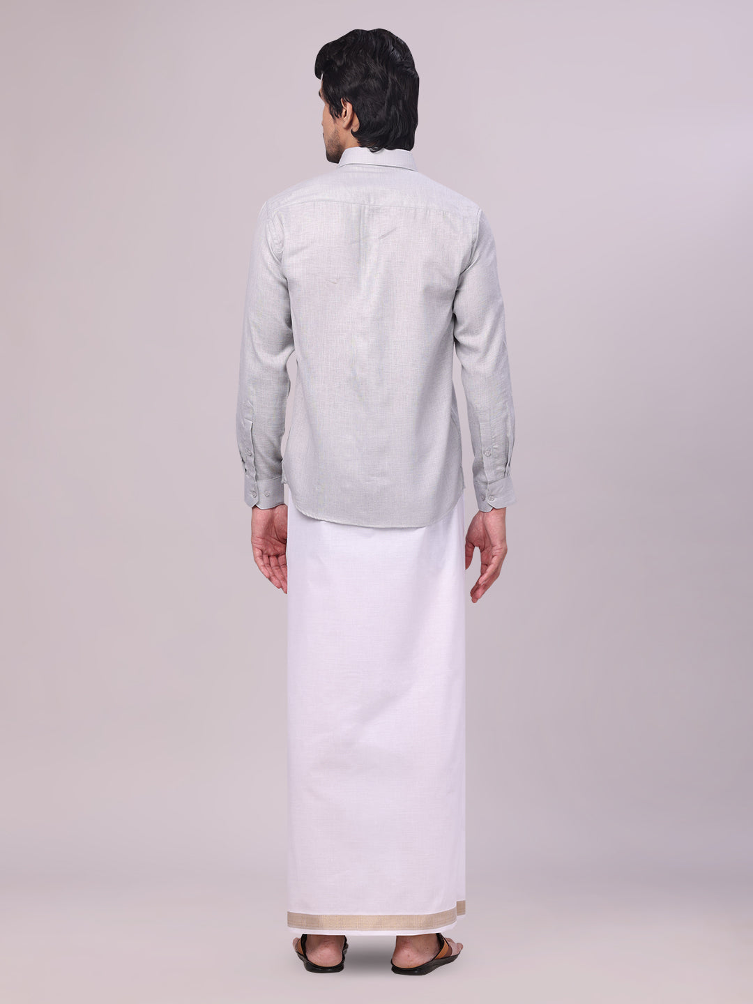 Mens Light Grey Shirt with Matching jacquard Weave Border Dhoti Combo Marsh