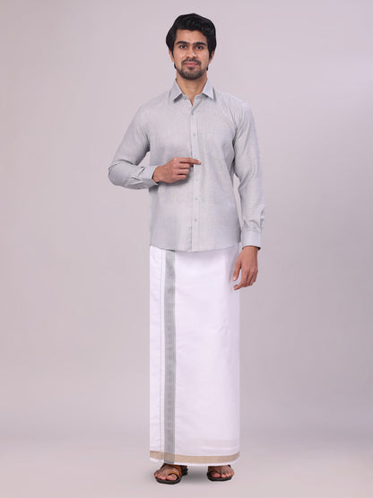 Men's Light Grey Shirt with Matching jacquard Weave Border Dhoti Combo Marsh
