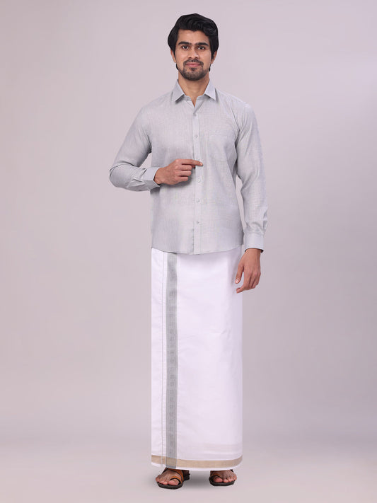 Men's Light Grey Shirt with Matching jacquard Weave Border Dhoti Combo Marsh