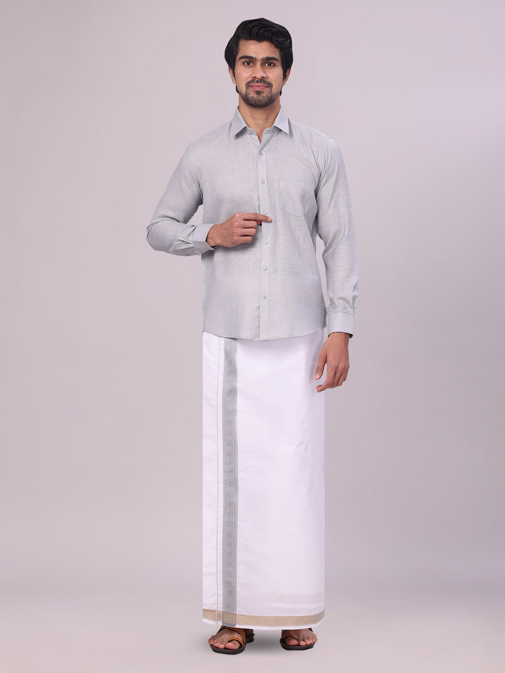 Men's Light Grey Shirt with Matching jacquard Weave Border Dhoti Combo Marsh