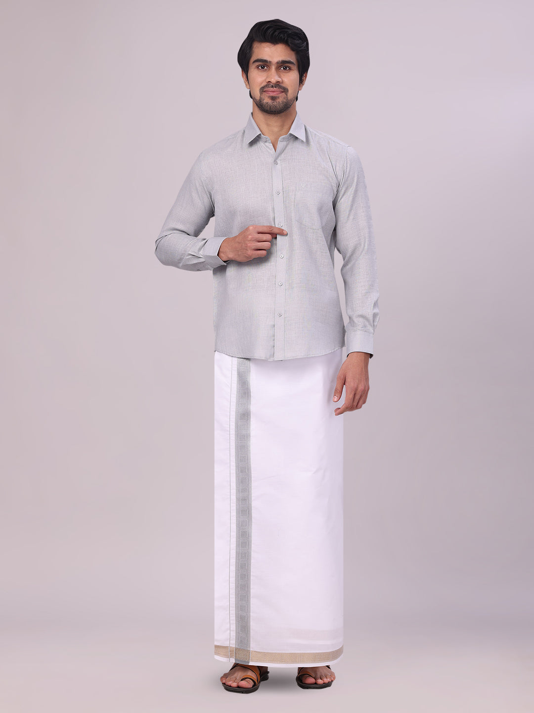 Mens Light Grey Shirt with Matching jacquard Weave Border Dhoti Combo Marsh