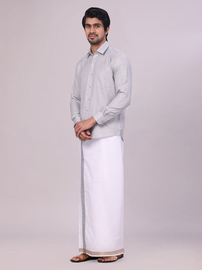 Men's Light Grey Shirt with Matching jacquard Weave Border Dhoti Combo Marsh side pose