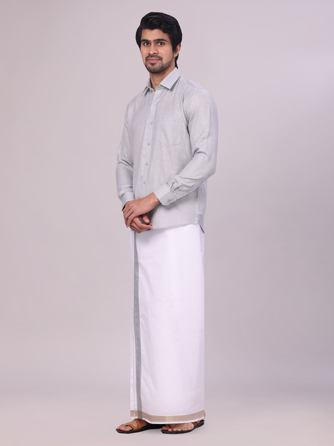 Mens Light Grey Shirt with Matching jacquard Weave Border Dhoti Combo Marsh