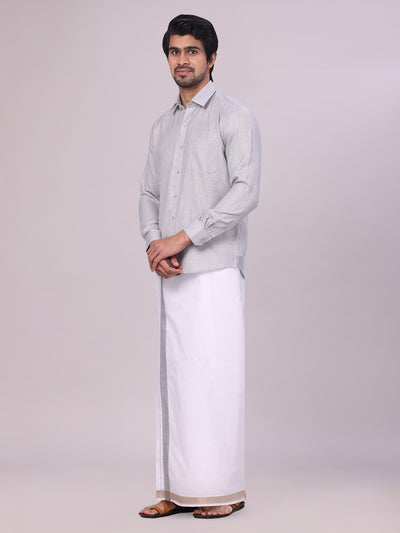 Mens Light Grey Shirt with Matching jacquard Weave Border Dhoti Combo Marsh