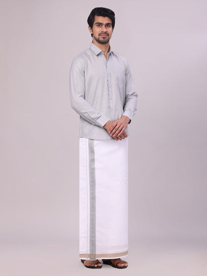 Men's Light Grey Shirt with Matching jacquard Weave Border Dhoti Combo Marsh side pose