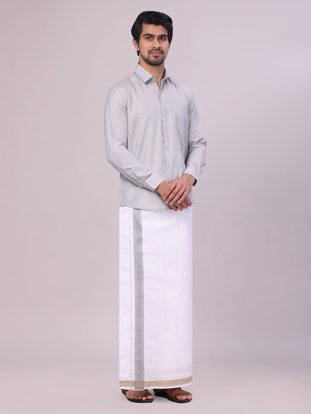 Mens Light Grey Shirt with Matching jacquard Weave Border Dhoti Combo Marsh