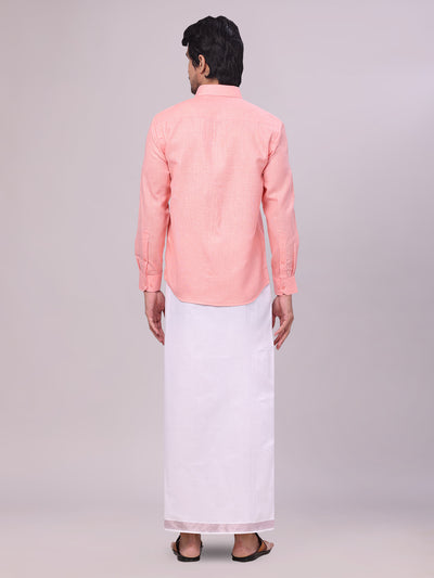 Mens Coral Pink Shirt with Matching jacquard Weave Border Dhoti Combo Marsh