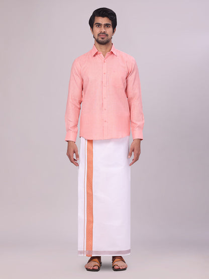 Men's Coral Pink Shirt with Matching jacquard Weave Border Dhoti Combo Marsh