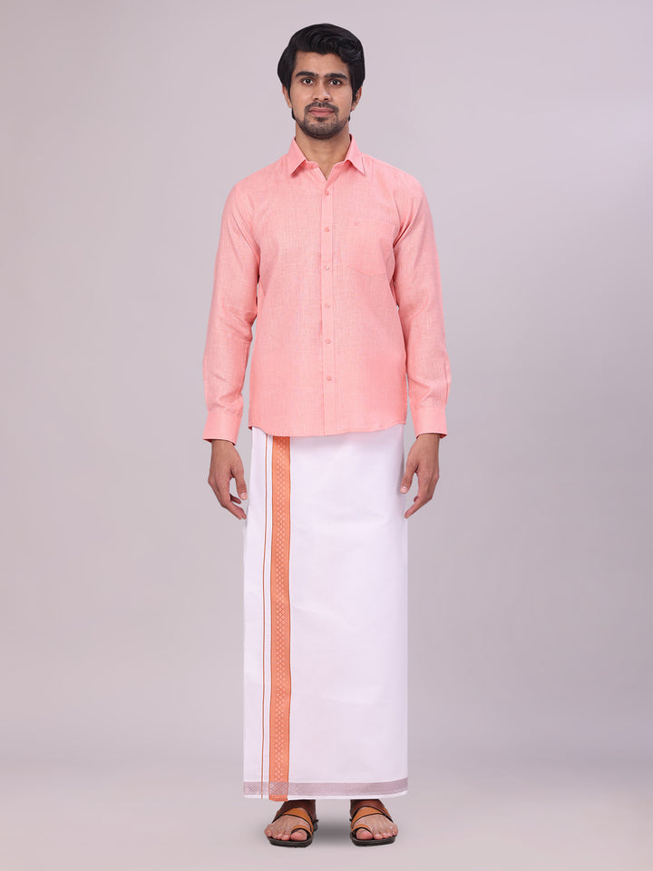 Men's Coral Pink Shirt with Matching jacquard Weave Border Dhoti Combo Marsh