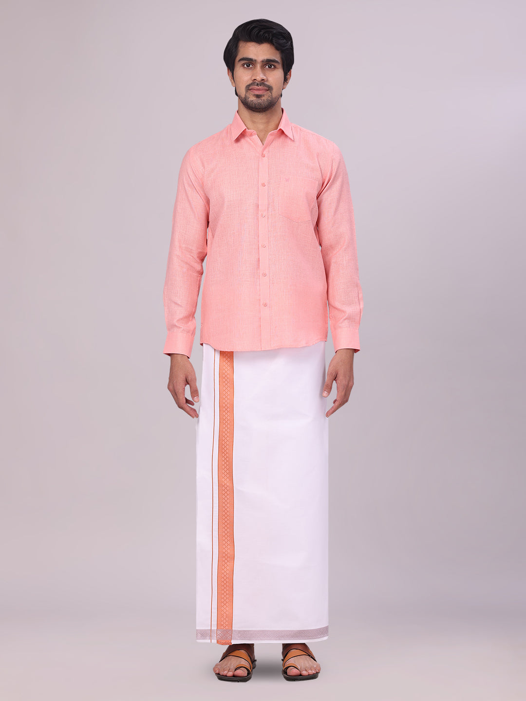 Mens Coral Pink Shirt with Matching jacquard Weave Border Dhoti Combo Marsh