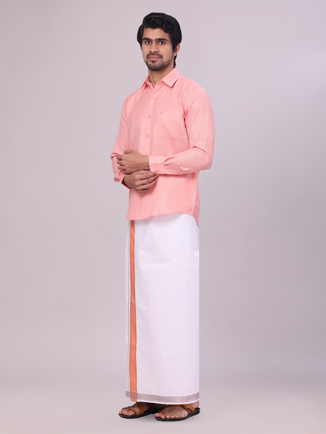 Mens Coral Pink Shirt with Matching jacquard Weave Border Dhoti Combo Marsh