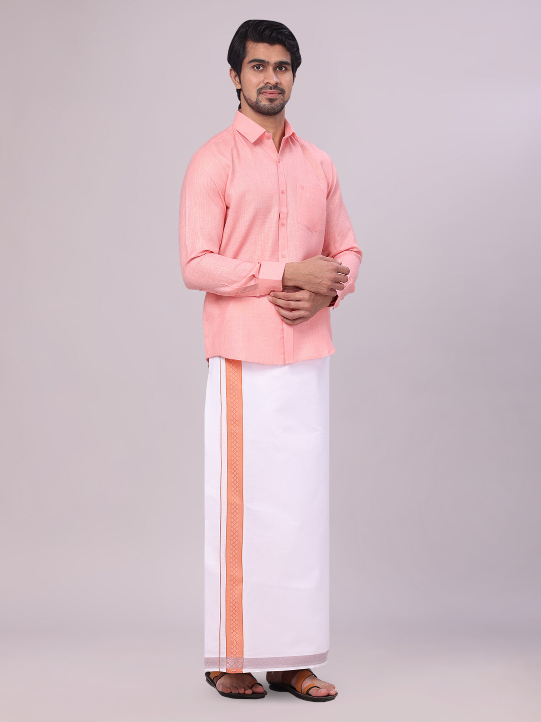 Mens Coral Pink Shirt with Matching jacquard Weave Border Dhoti Combo Marsh