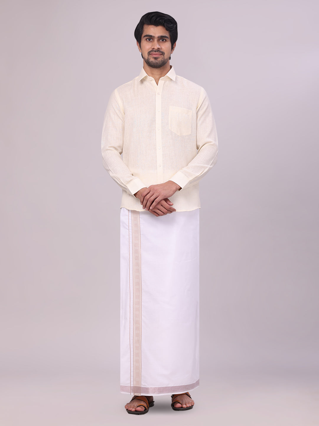 Mens Cream Shirt with Matching jacquard Weave Border Dhoti Combo Marsh