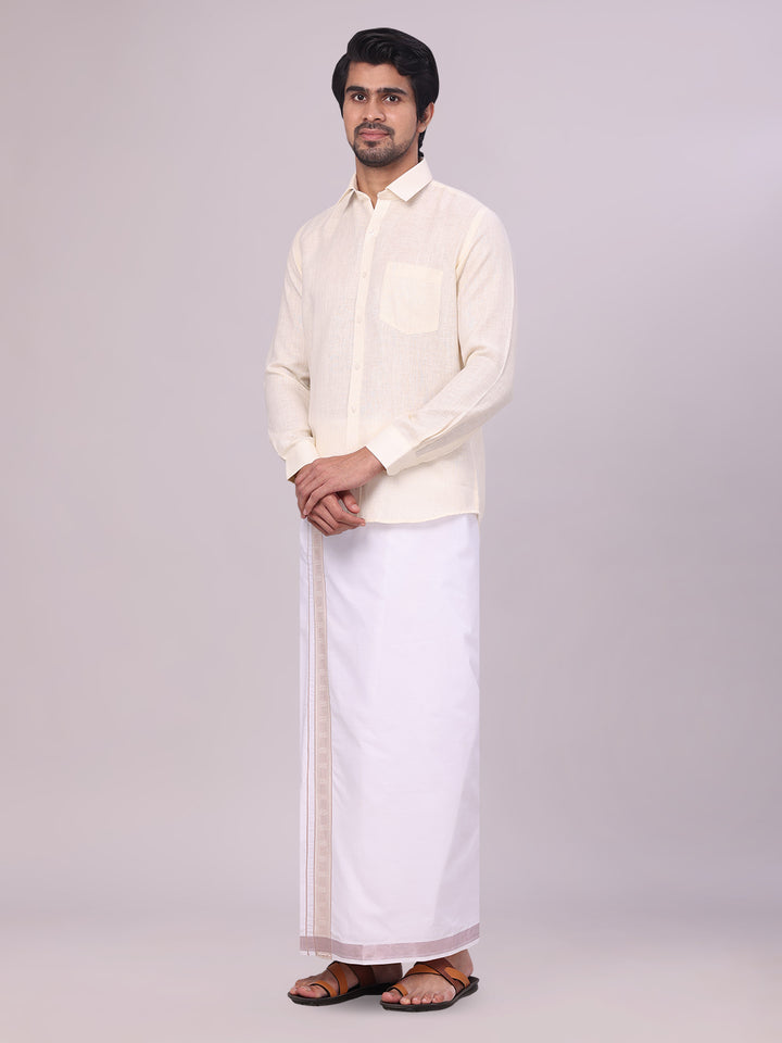 Men's Cream Shirt with Matching jacquard Weave Border Dhoti Combo Marsh side pose