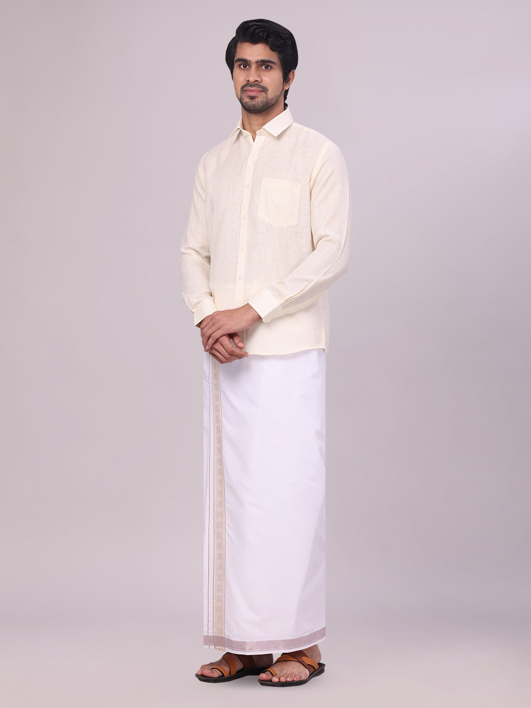 Mens Cream Shirt with Matching jacquard Weave Border Dhoti Combo Marsh