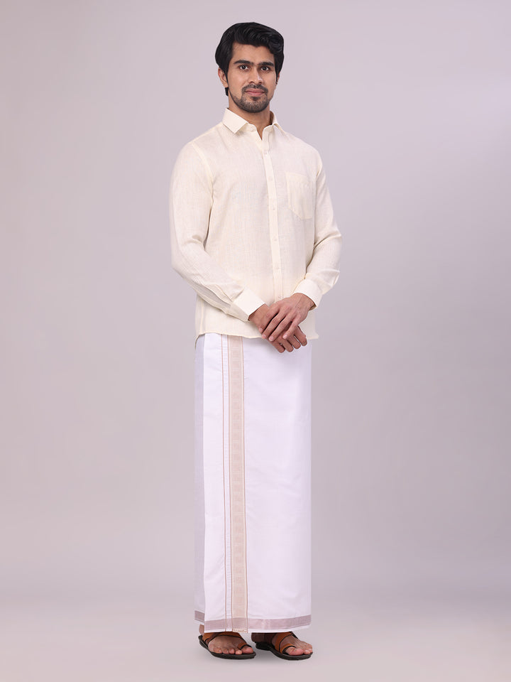 Men's Cream Shirt with Matching jacquard Weave Border Dhoti Combo Marsh side pose