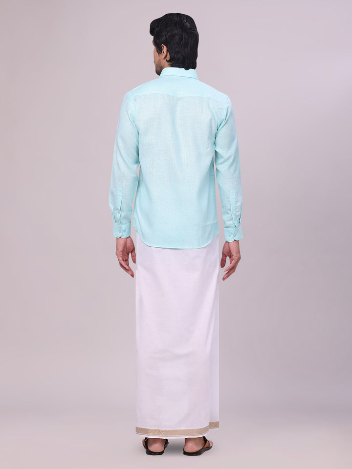 Men's Sea Green Shirt with Matching jacquard Weave Border Dhoti Combo Marsh back pose
