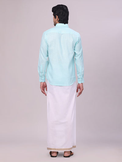 Mens Sea Green Shirt with Matching jacquard Weave Border Dhoti Combo Marsh