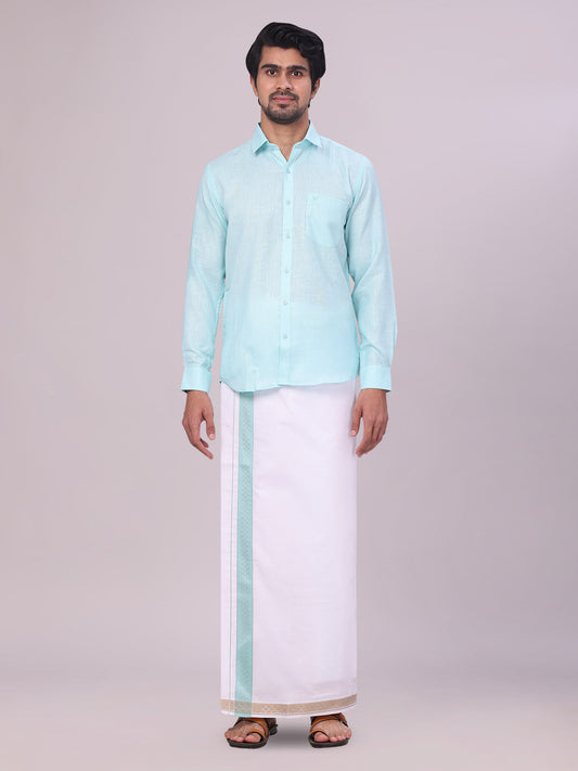 Men's Sea Green Shirt with Matching jacquard Weave Border Dhoti Combo Marsh