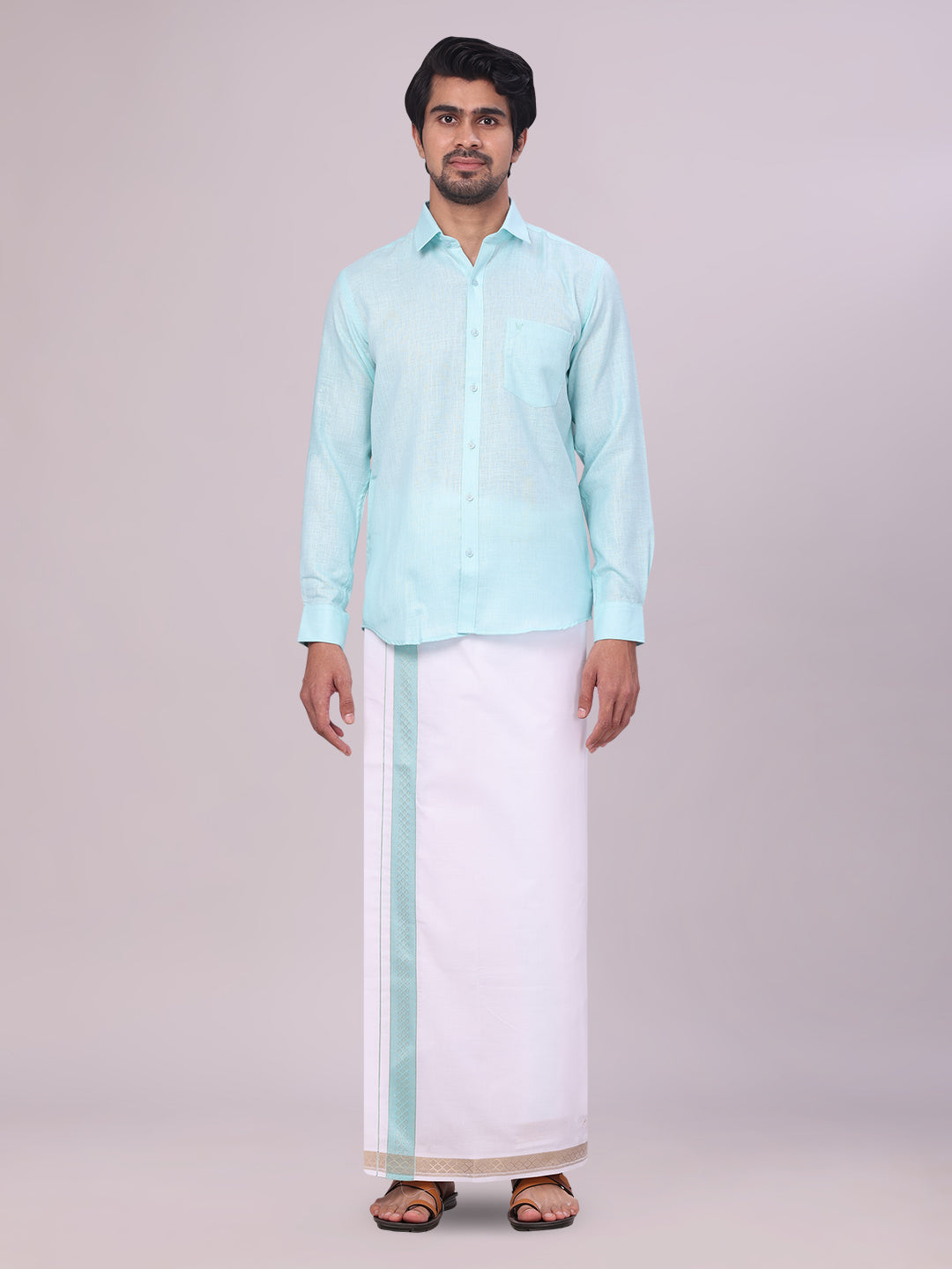 Mens Sea Green Shirt with Matching jacquard Weave Border Dhoti Combo Marsh