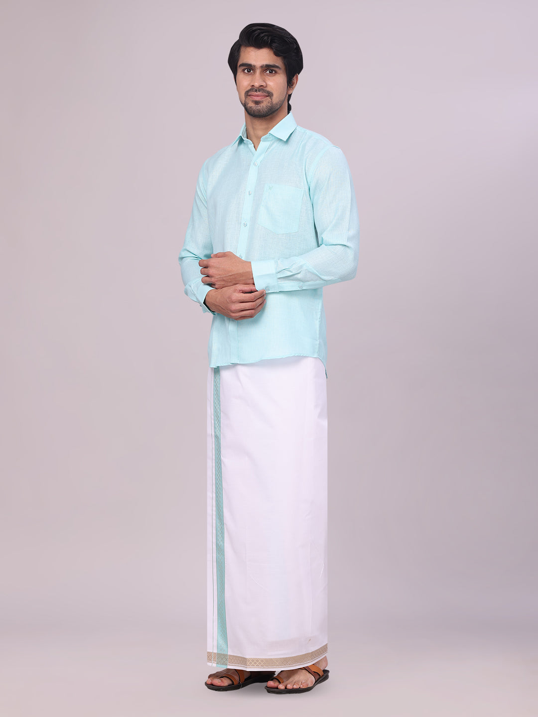 Mens Sea Green Shirt with Matching jacquard Weave Border Dhoti Combo Marsh