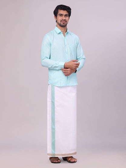 Men's Sea Green Shirt with Matching jacquard Weave Border Dhoti Combo Marsh side pose