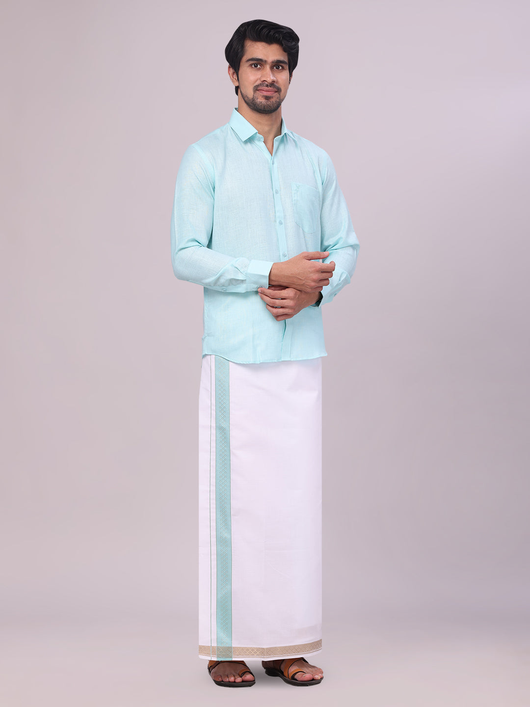 Mens Sea Green Shirt with Matching jacquard Weave Border Dhoti Combo Marsh